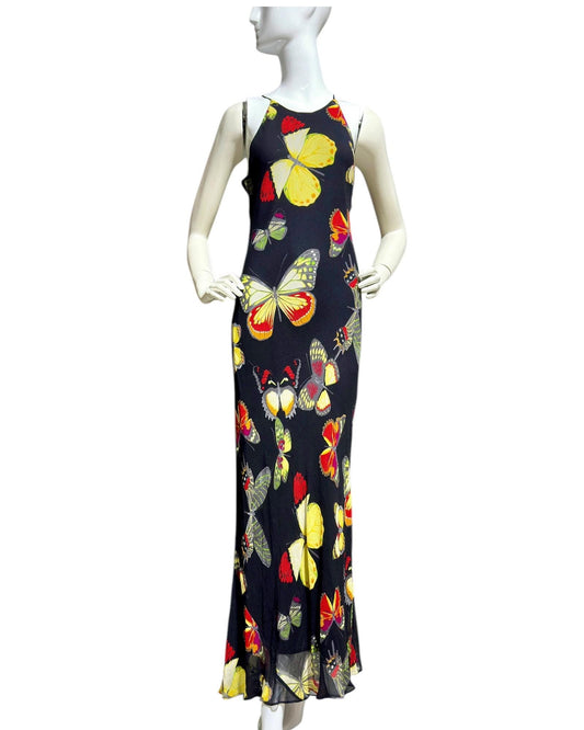 CACHE, vintage 1990s Butterfly slip dress, Bias cut bold print sheath dress, bodycon maxi dress