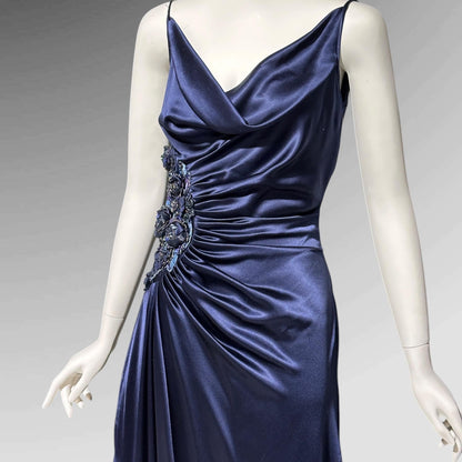 BELLVILLE SASSOON Lorcan Mullany, vintge 1990s evening dress, midnight blue silk beaded sheath slip gown