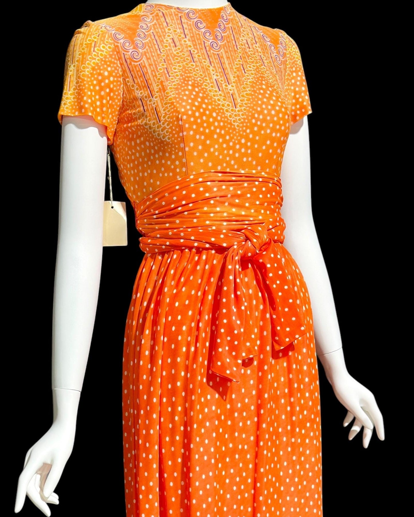 SARMI NY, Vintage 1960s Orange Op Art slinky knit maxi party dress