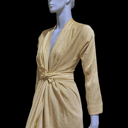 MARSHALL FIELD's DORIAN, 1970s vintage evening dress, Metallic gold lurex knit goddess gown, Studio 54 disco party dress, very Halston