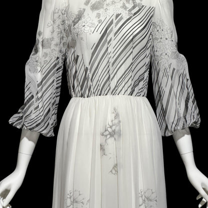 MOLLIE PARNIS by Morty Sussman, vintage 1970s evening dress, chiffon black and white floral poly chiffon gown