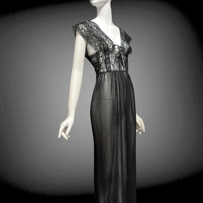 MYRA JOY Vintage 1950s Nightgown Lingerie Dress: Sheer Black Nylon Lace Slip Dress