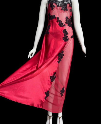 FREDERICK'S Attributed, vintage 1980s Slip Dress, Red and black satin and sheer mesh, lace and sequins, sheath night dress