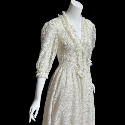 ODETTE BARSA, vintage 1950s dressing gown robe, white smocked elastic and lace bridal robe
