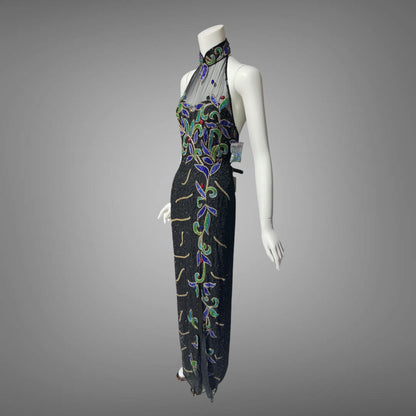 J REYNOLDS DESIGNS, vintage 1990s evening dress, Deadstock Black Beaded Halter Party slip dress