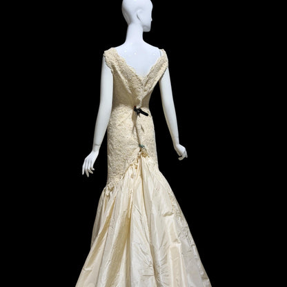 1980s Custom Made vintage wedding dress, dated 1989, Cream lace beads silk mermaid gown