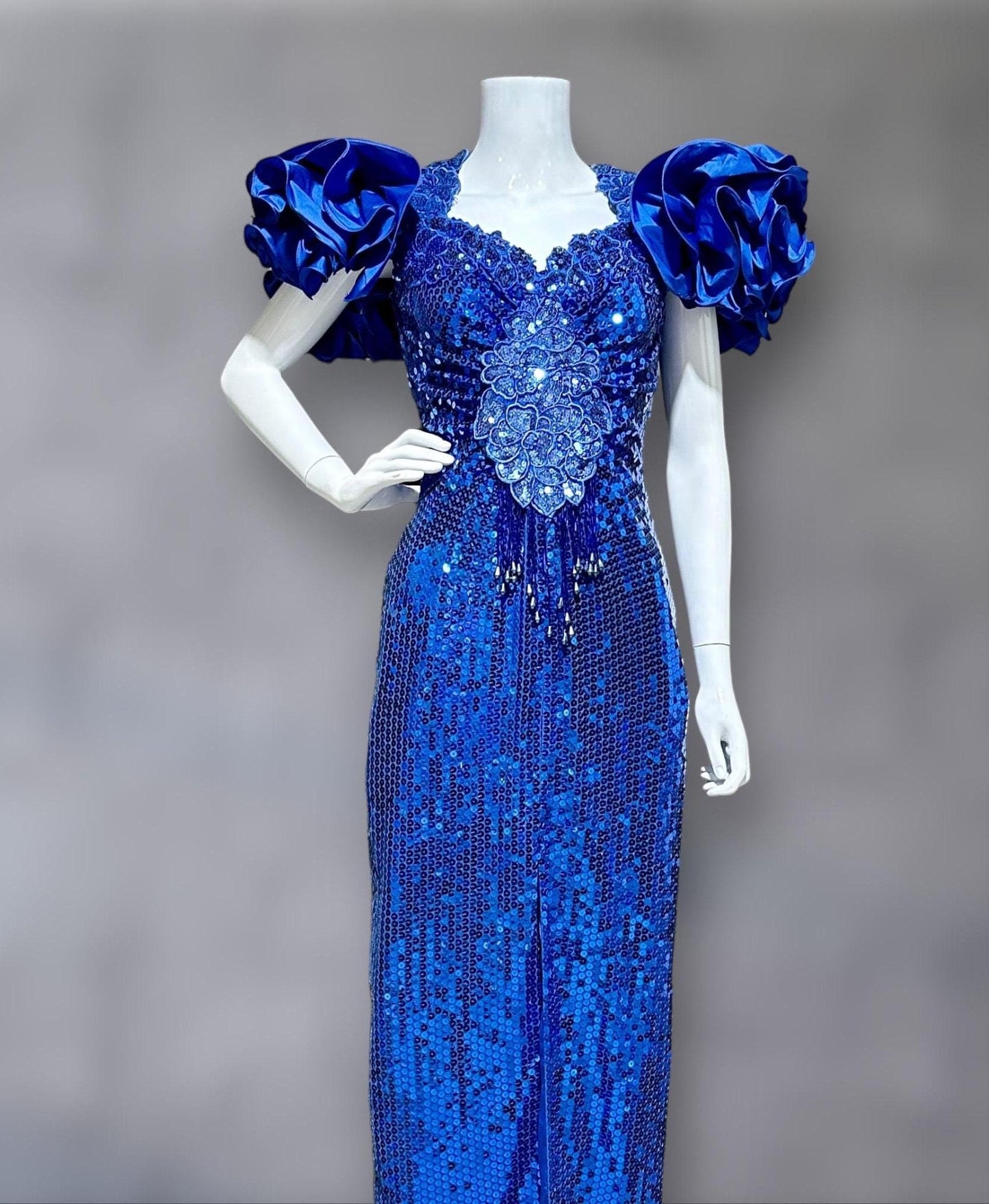 ALYCE DESIGNS 1980s vintage dynasty glam evening gown, Sapphire blue sequins sheath dress, ruffles open back