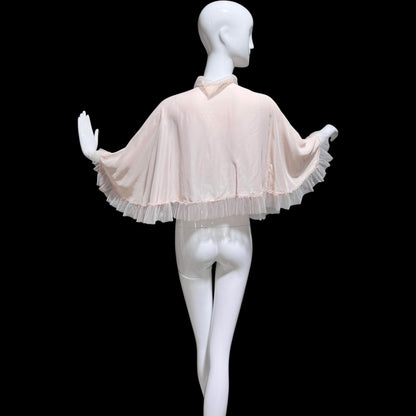 1930s antique vintage pale pink bed jacket, Ruffled satin bed cape robe, one size
