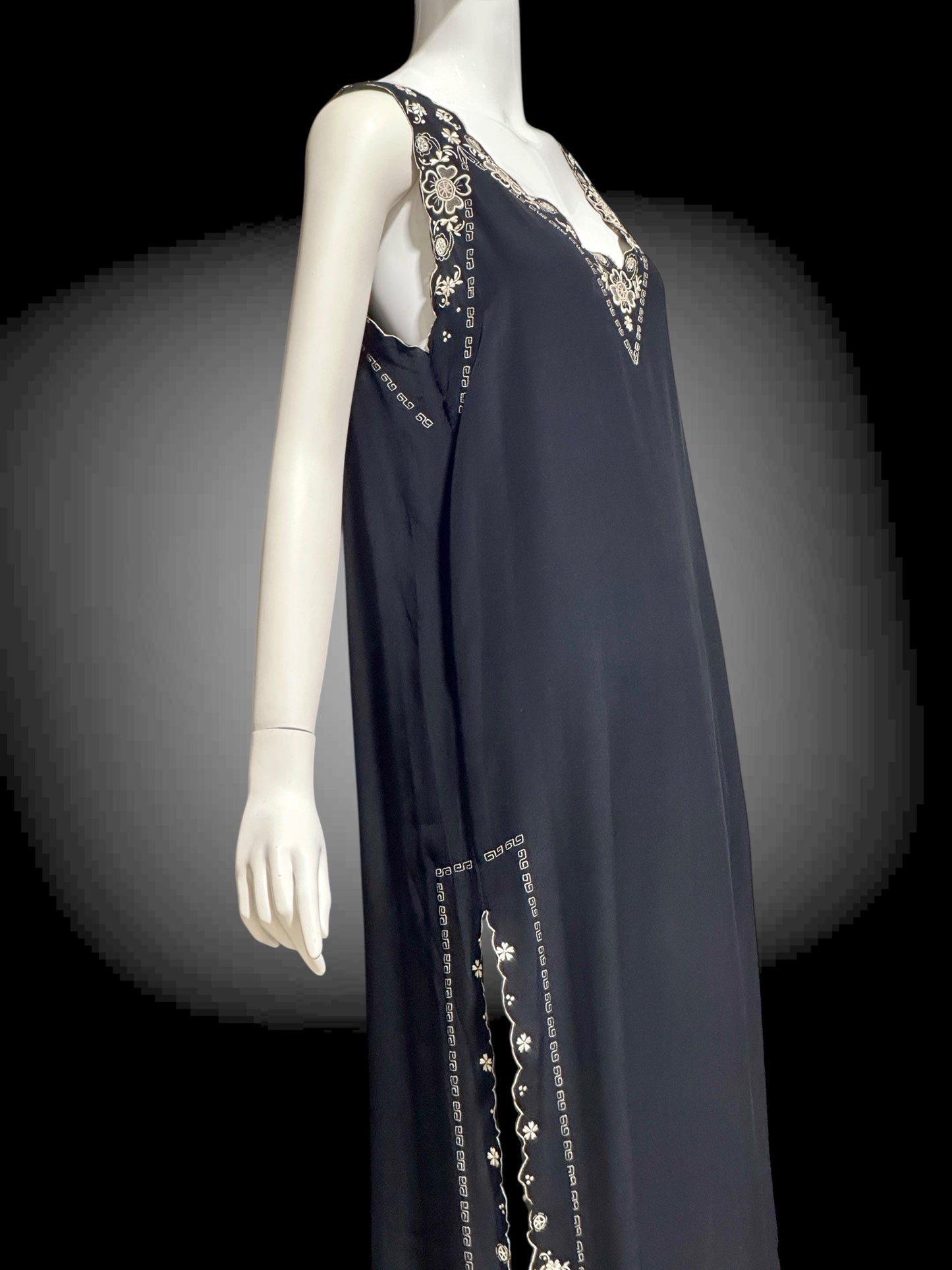 PEONY, vintage 1950s Silk Nightgown slip dress, black and white shift cut hand embroidered long gown