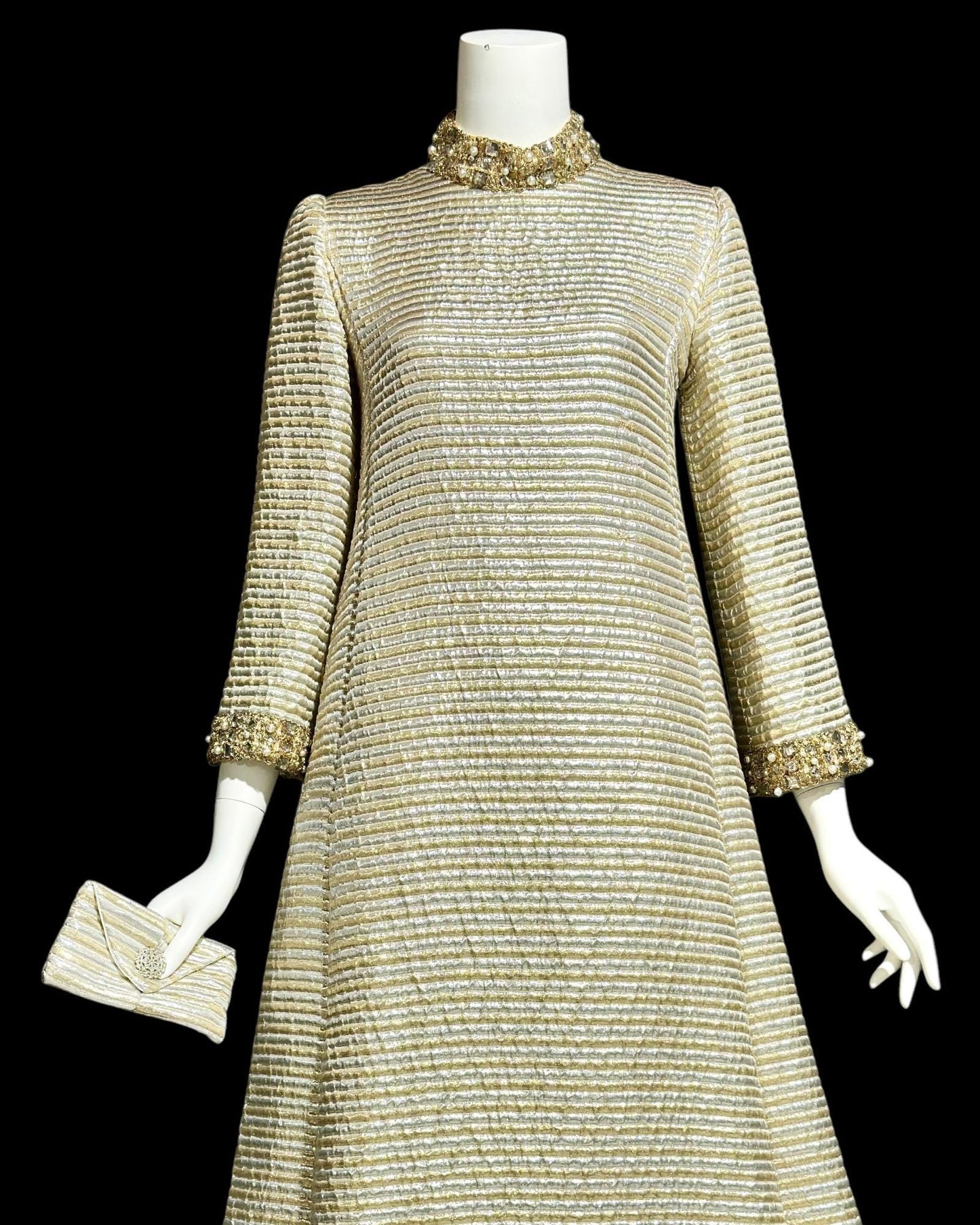 1960s vintage custom made evening dress gown, gold silver metallic stripe, heavily beaded high neck, mod shift gown