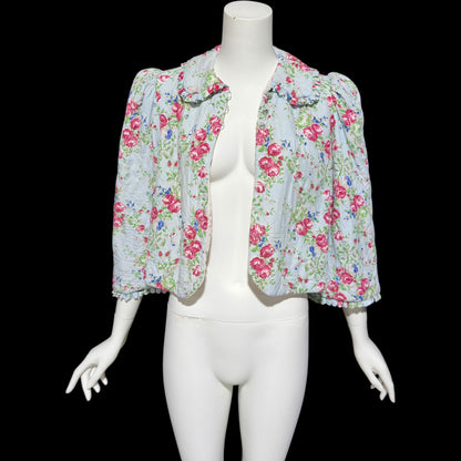 1930s vintage quilted bed jacket, blue satin with rose print short night robe