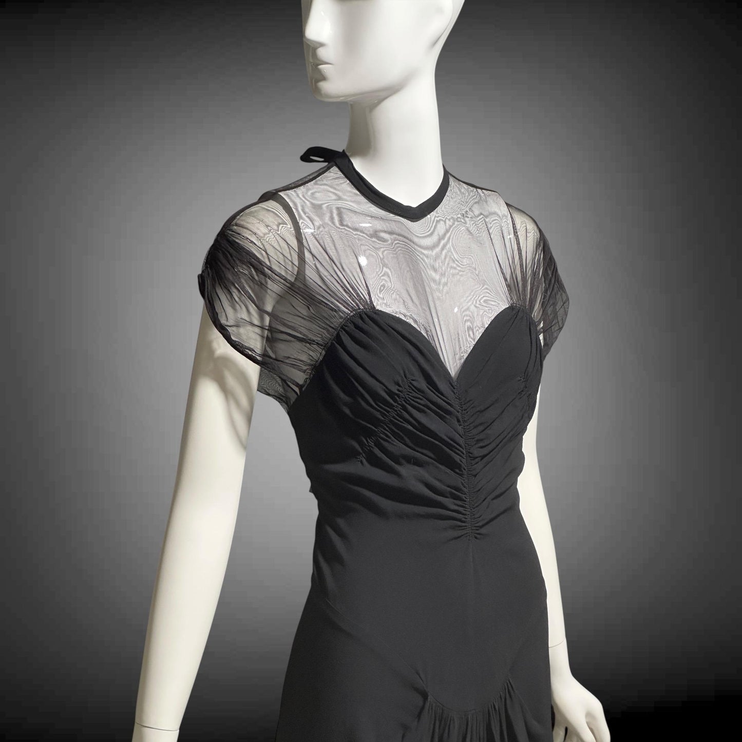 DOROTHY O'HARA vintage 1940s evening dress gown, Black crepe and mesh illusion neckline sheath gown