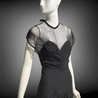 DOROTHY O'HARA vintage 1940s evening dress gown, Black crepe and mesh illusion neckline sheath gown