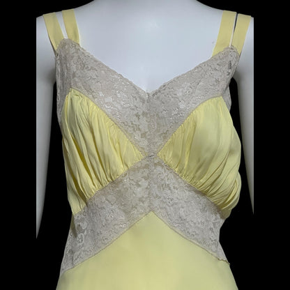 1930s vintage Nightgown slip dress, Sunshine Yellow bias cut lacy night dress, full length