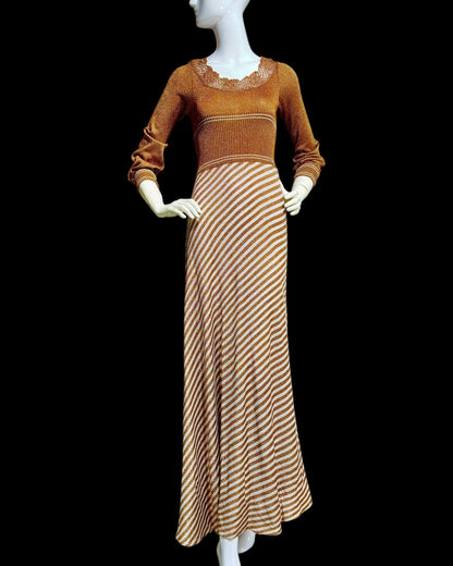 WENJILLI, vintage 1970s lurex maxi dress, Copper Metallic lurex Knit Maxi Dress Crochet Neckline