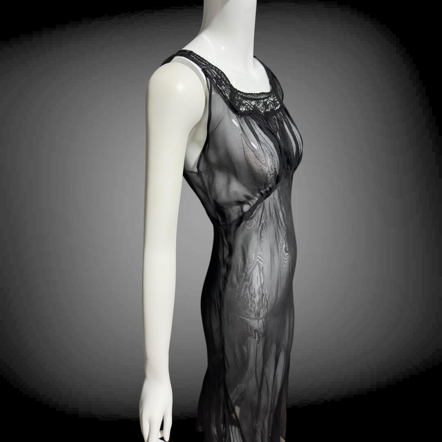 1930s vintage Nightgown slip dress, sheer sultry black night dress, bias cut with lace