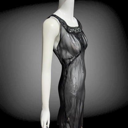 1930s vintage Nightgown slip dress, sheer sultry black night dress, bias cut with lace