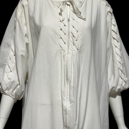 KEYLOUN, vintage 1970s caftan dress,  white cotton zip front Hippie Boho Kaftan Dress