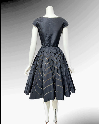 OLDRIC ROYCE, vintage 1950s dress, black cutout fit and flare cocktail party evening dress