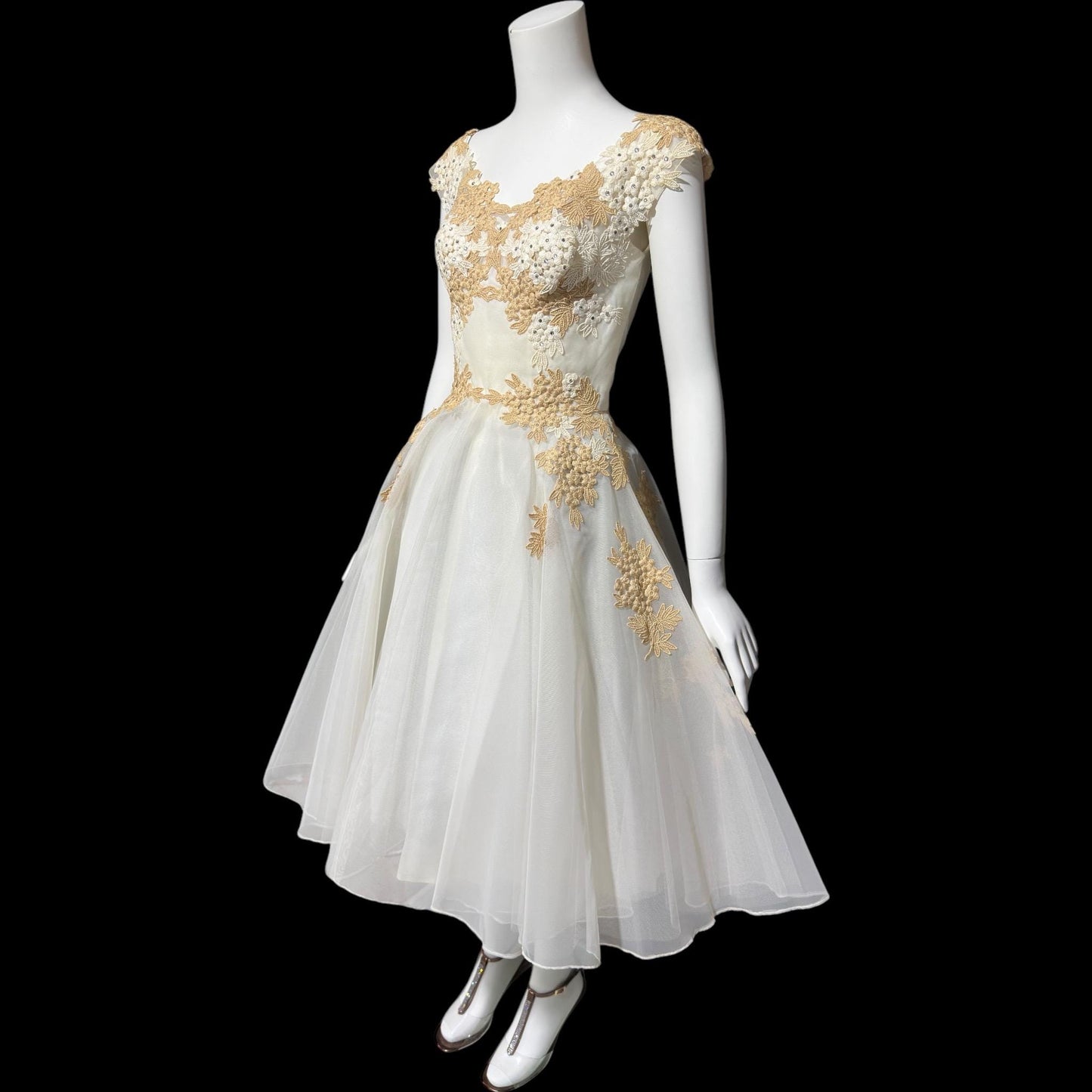 PEGGY HUNT, vintage 1950s dress, white and ecru lace rhinestones fit and flare cocktail party formal wedding dress, 34 bust