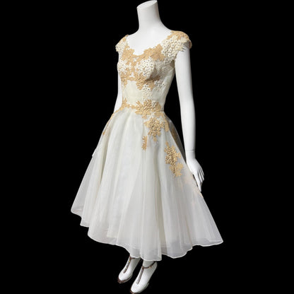 PEGGY HUNT, vintage 1950s dress, white and ecru lace rhinestones fit and flare cocktail party formal wedding dress, 34 bust