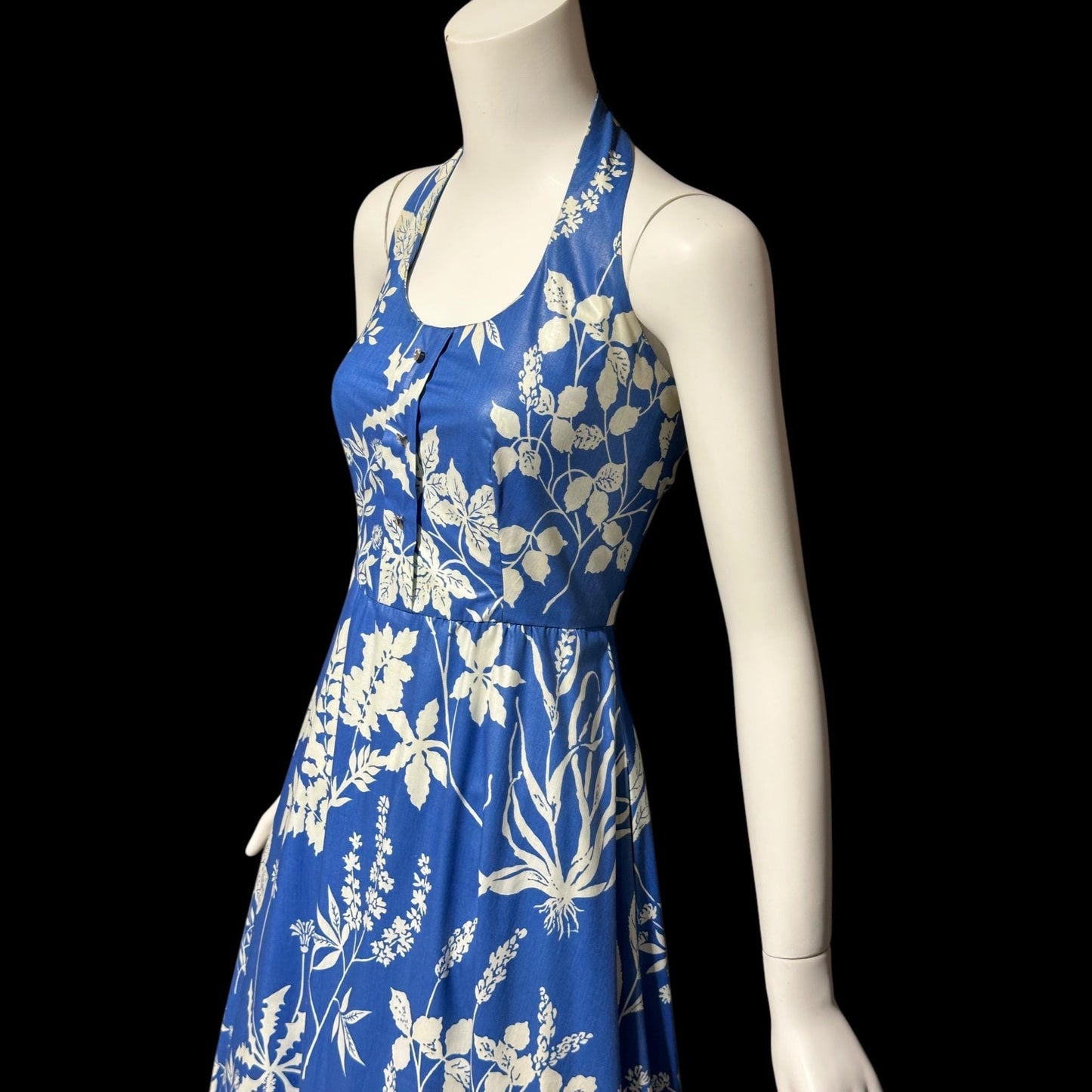 1960s vintage floral maxi dress, Blue white boho hippie halter full ruffle dress, polished cotton summer party sundress