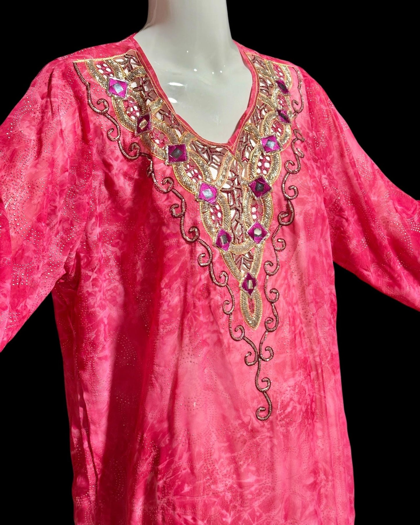 I MAGNIN 1980s vintage caftan dress, embroidery, beads, mirrors & cut work, sheer pink evening kaftan gown with Fringe