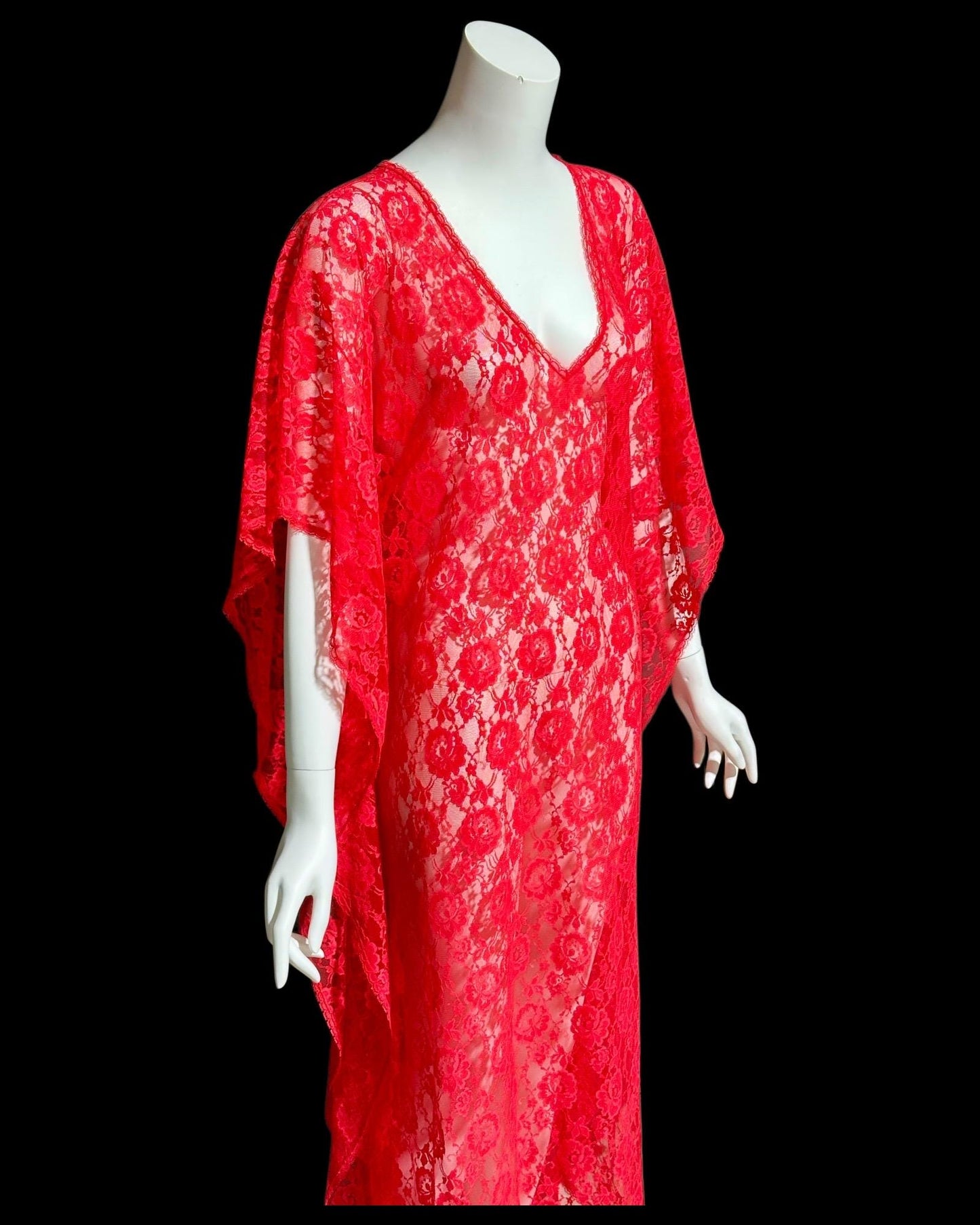 GLYDONS vintage 1960s caftan dress, Red lace sheer see through nylon kaftan