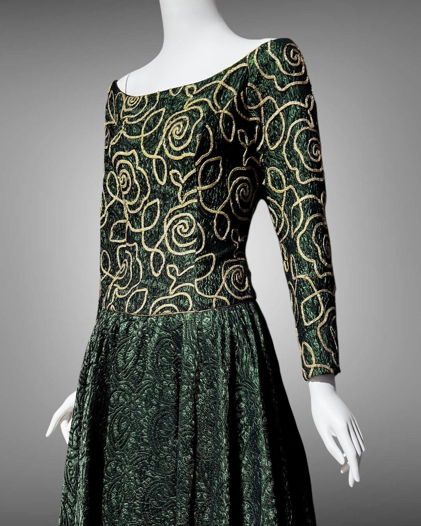 TERENCE NOLDER London, 1980s vintage gown, deep green and gold long sleeve ball gown