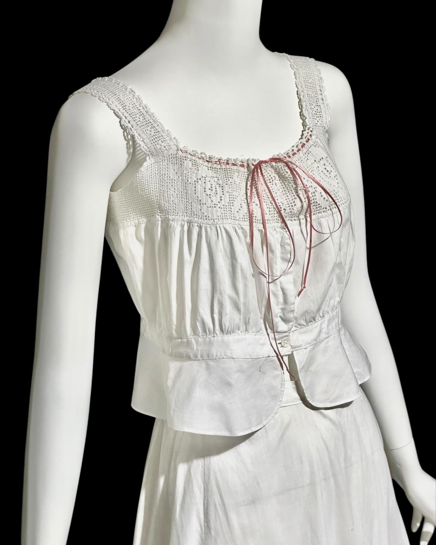 Antique Edwardian 1900s white cotton and lace camisole and skirt set, 2pc lingerie set, top and petticoat