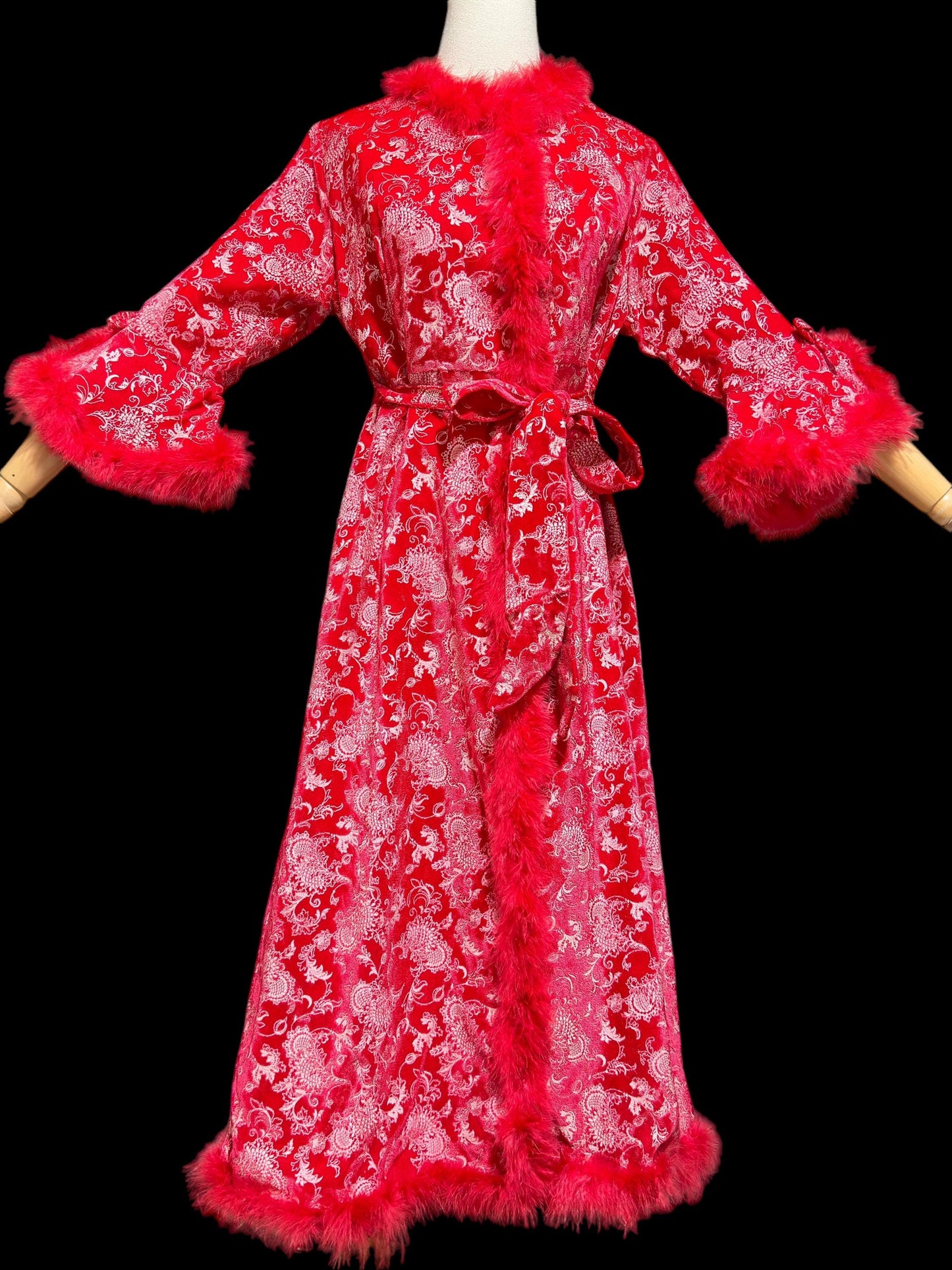 1970s vintage red velvet robe with marabou feather trim, wrap style housecoat