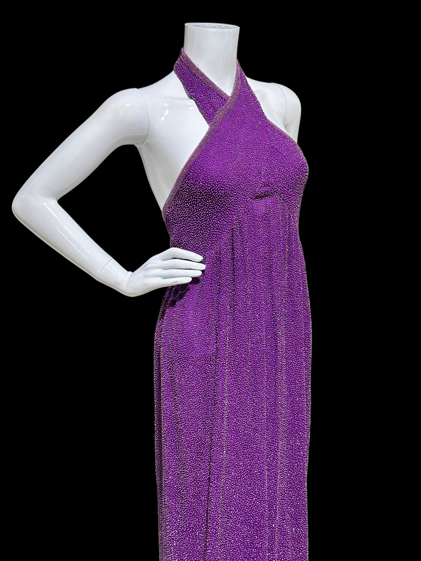 JEET vintage evening gown, Purple Beaded Silk Sheath gown, Halter slip dress