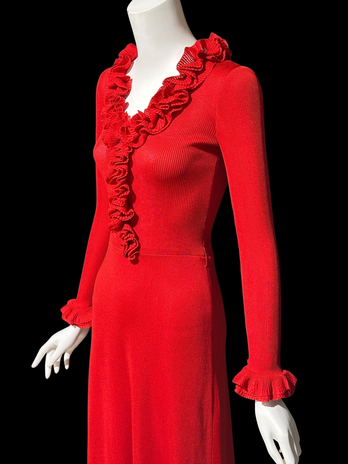 YOUNG DIMENSIONS for SAKS, vintage 1970s red knit maxi dress