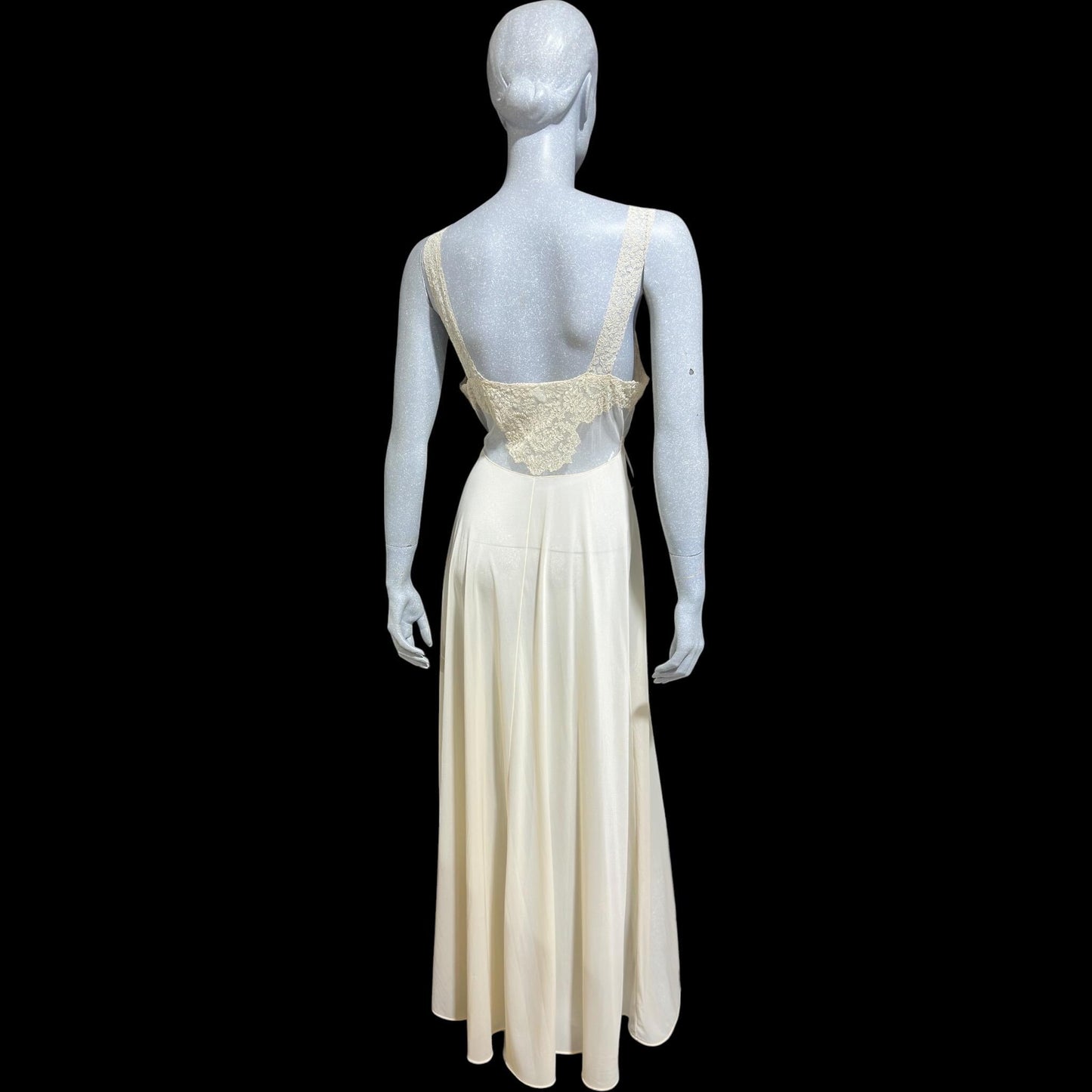 KICKERNICK Vintage 1940s Nightgown Slip dress, off White Sheer Lace full sweep lingerie dress