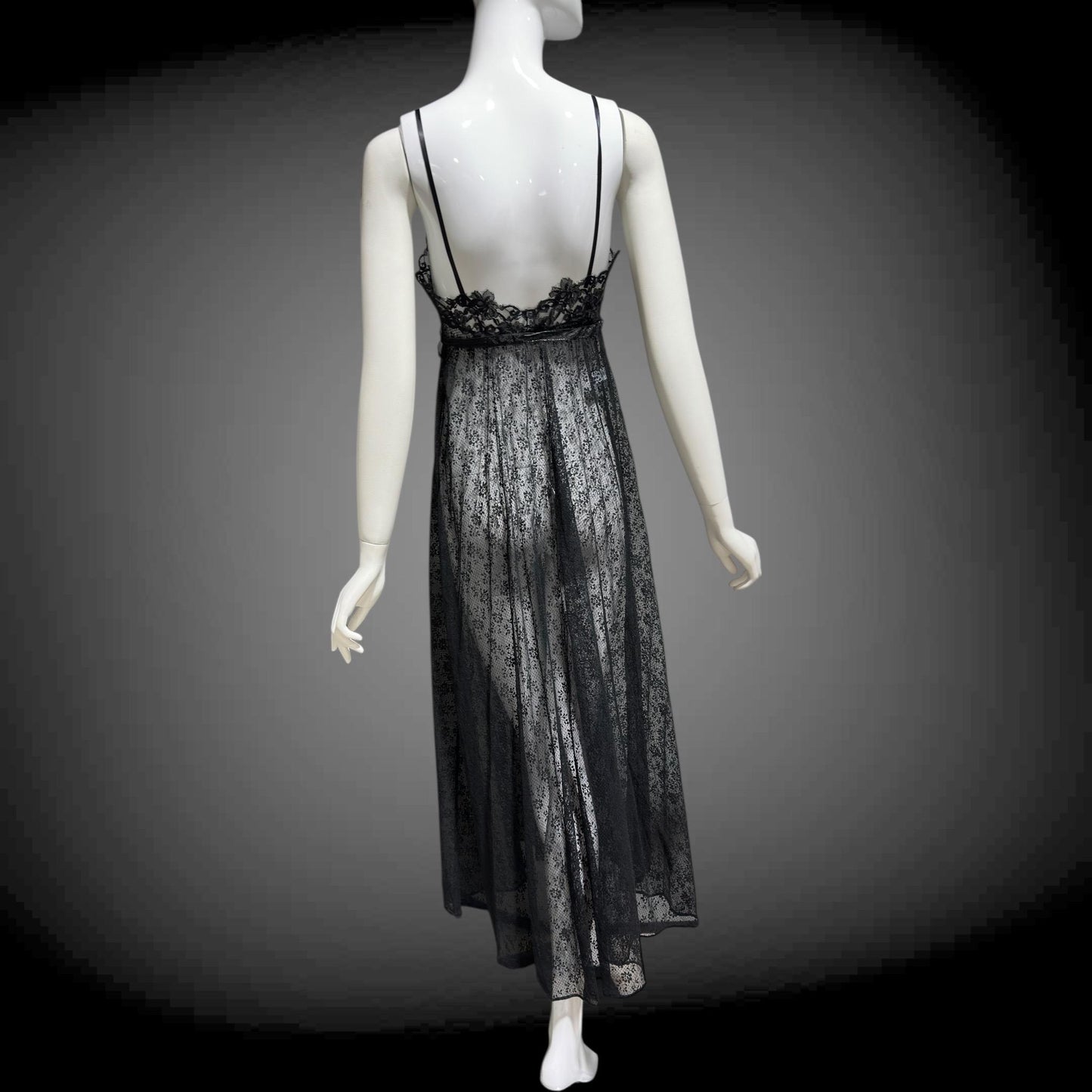 GLYDON'S vintage nightgown slip dress, Hollywood 1960s sheer black lace full length lingerie dress
