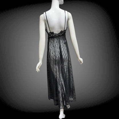 GLYDON'S vintage nightgown slip dress, Hollywood 1960s sheer black lace full length lingerie dress