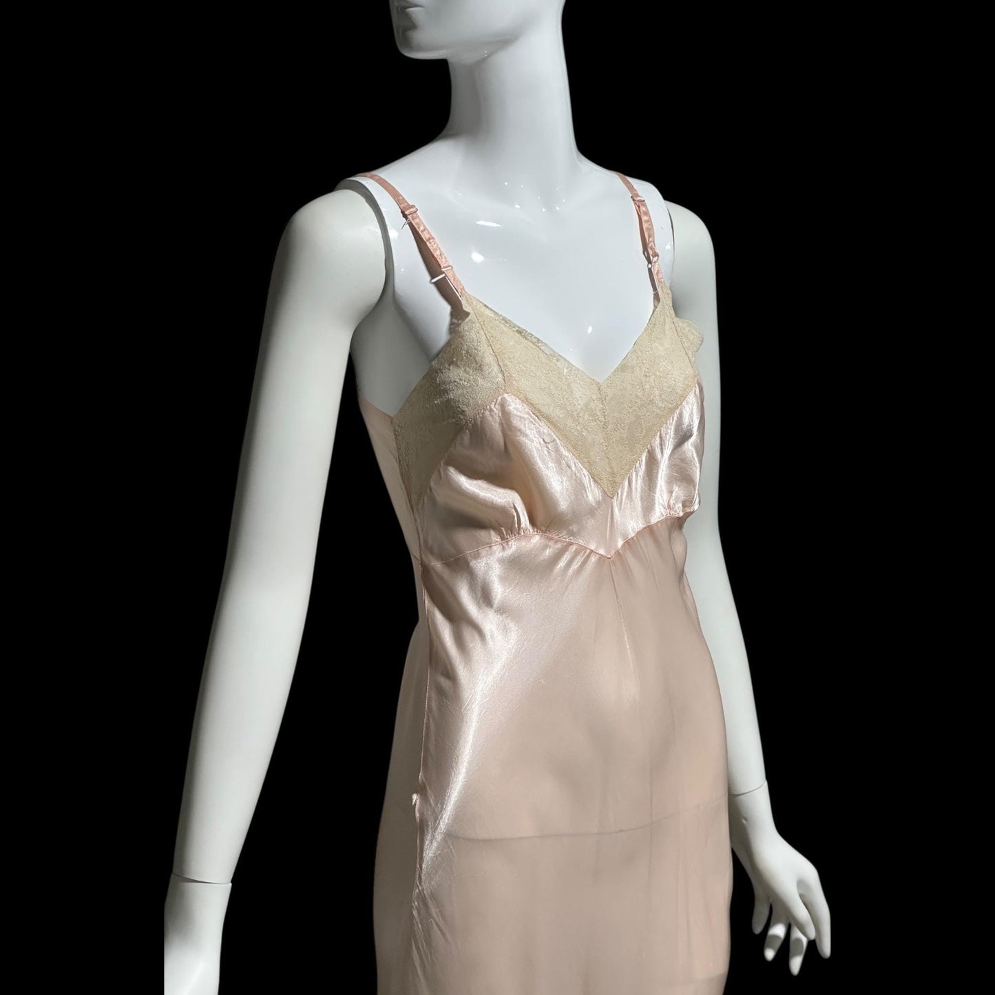 1930s Vintage Peach Slip Dress: Shiny silky Rayon Nightgown lingerie, Lace Trim