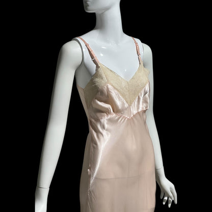 1930s Vintage Peach Slip Dress: Shiny silky Rayon Nightgown lingerie, Lace Trim