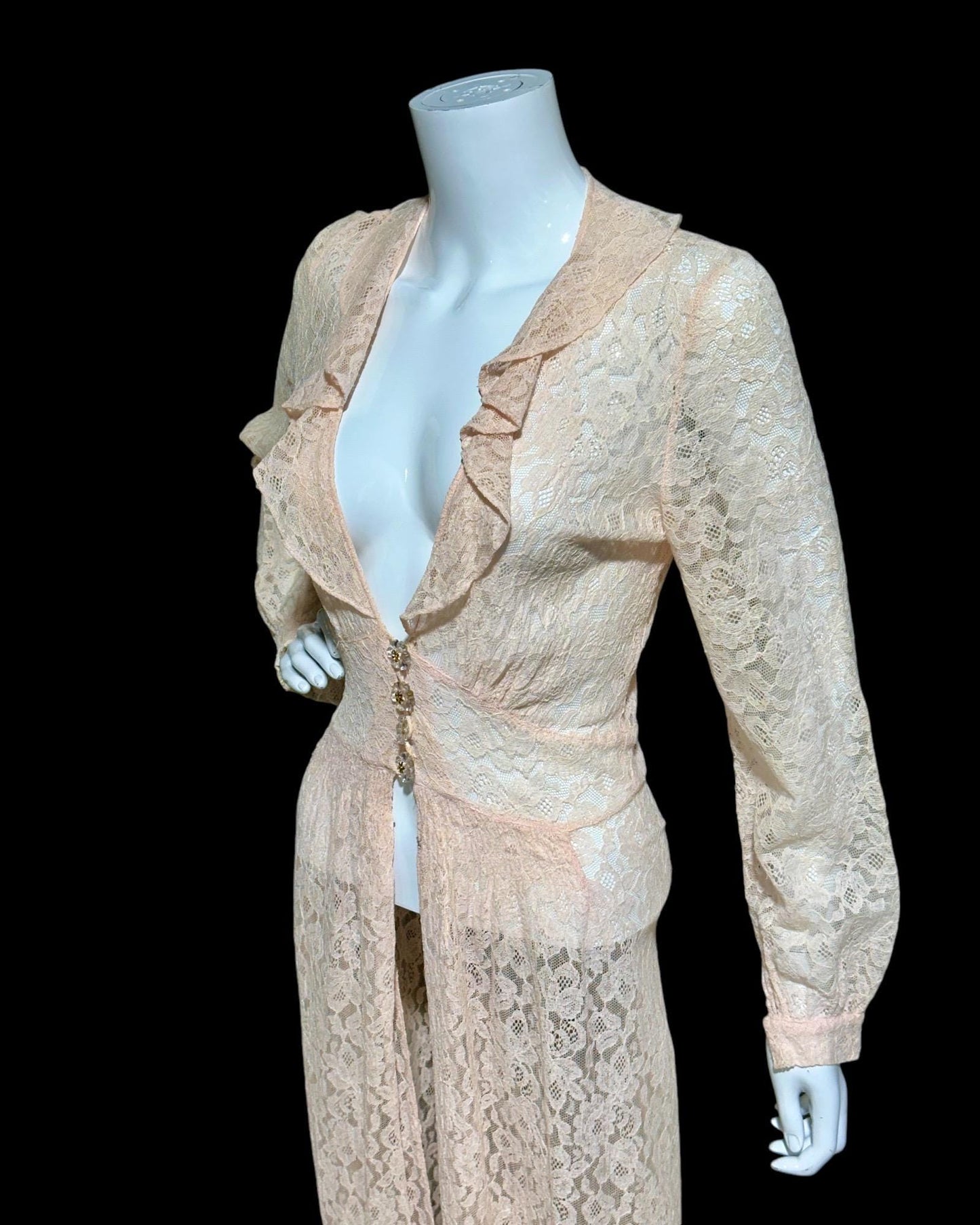 FLOBERT vintage 1940s sheer pink lace dressing gown robe, lace button front peignoir housecoat