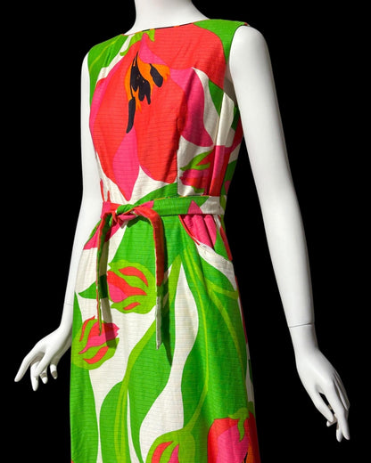MALIA HONOLULU, vintage 1960s dress, Hawaiian wrap cotton maxi sundress, Hot Pink Green Summer Beach Party dress