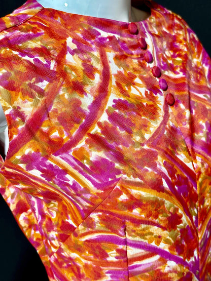 1960s vintage jumpsuit, wide leg flared palazzo pants, hot pink and orange paisley, sleeveless evening summer jumpsuit