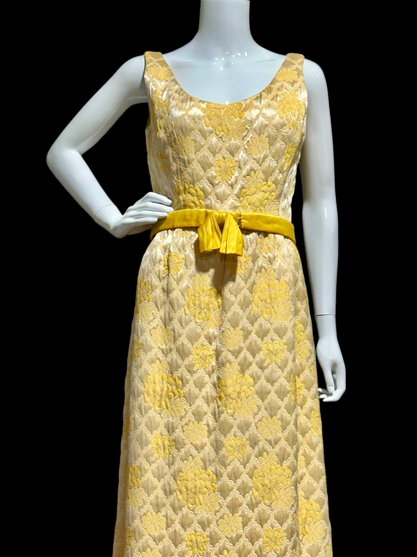 MOLLIE PARNIS Nan Duskin 1960s vintage evening dress, gold floral silk damask 2 pc gown and matching coat ensemble