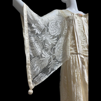 1920s Antique vintage wedding dress, Handmade candlelight white silk and lace slip dress with scarf sleeves, bridal flapper dress
