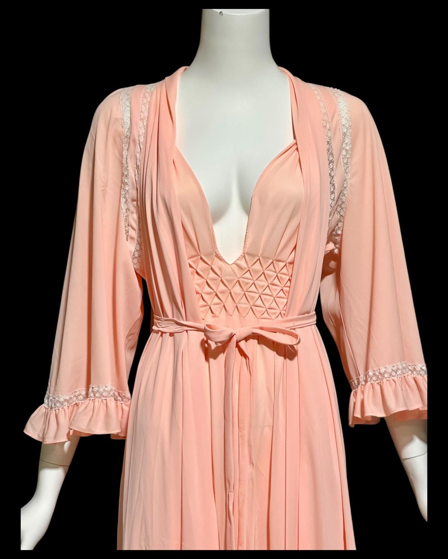 BLANCH by Ralph Montenero, Lord & Taylor, 1960s vintage peachy pink nightgown slip dress and dressing gown,   peignoir set