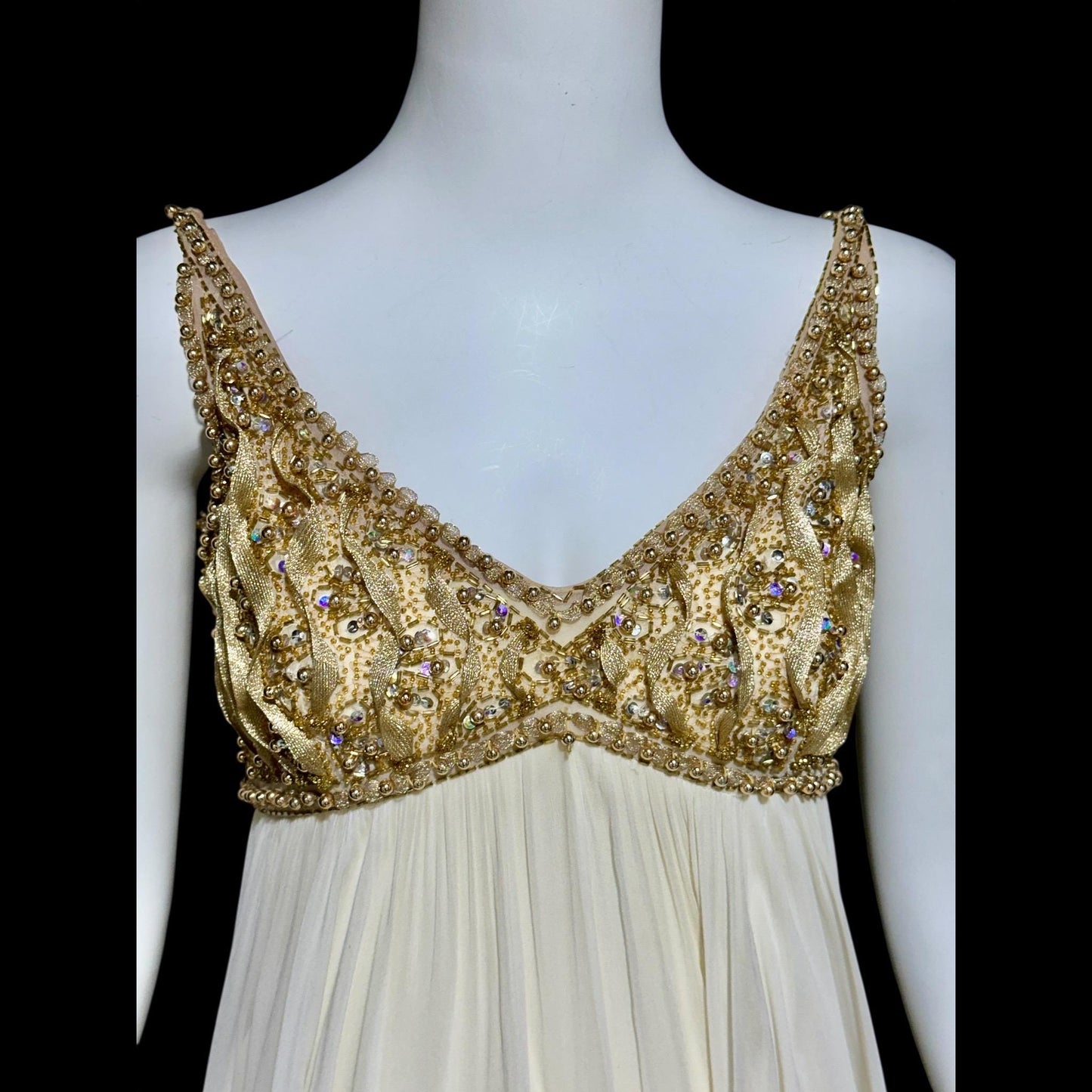 TOWN & COUNTRY vintage 1960s evening dress, white chiffon gold beads sequins wedding bridal gown