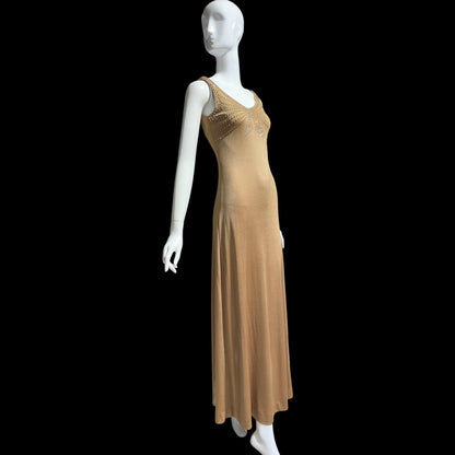 YOUNG DIMENSIONS SAKS Fifth Ave, vintage 1970s evening dress, Bronze slinky metallic knit maxi slip dress, Disco party cocktail dress