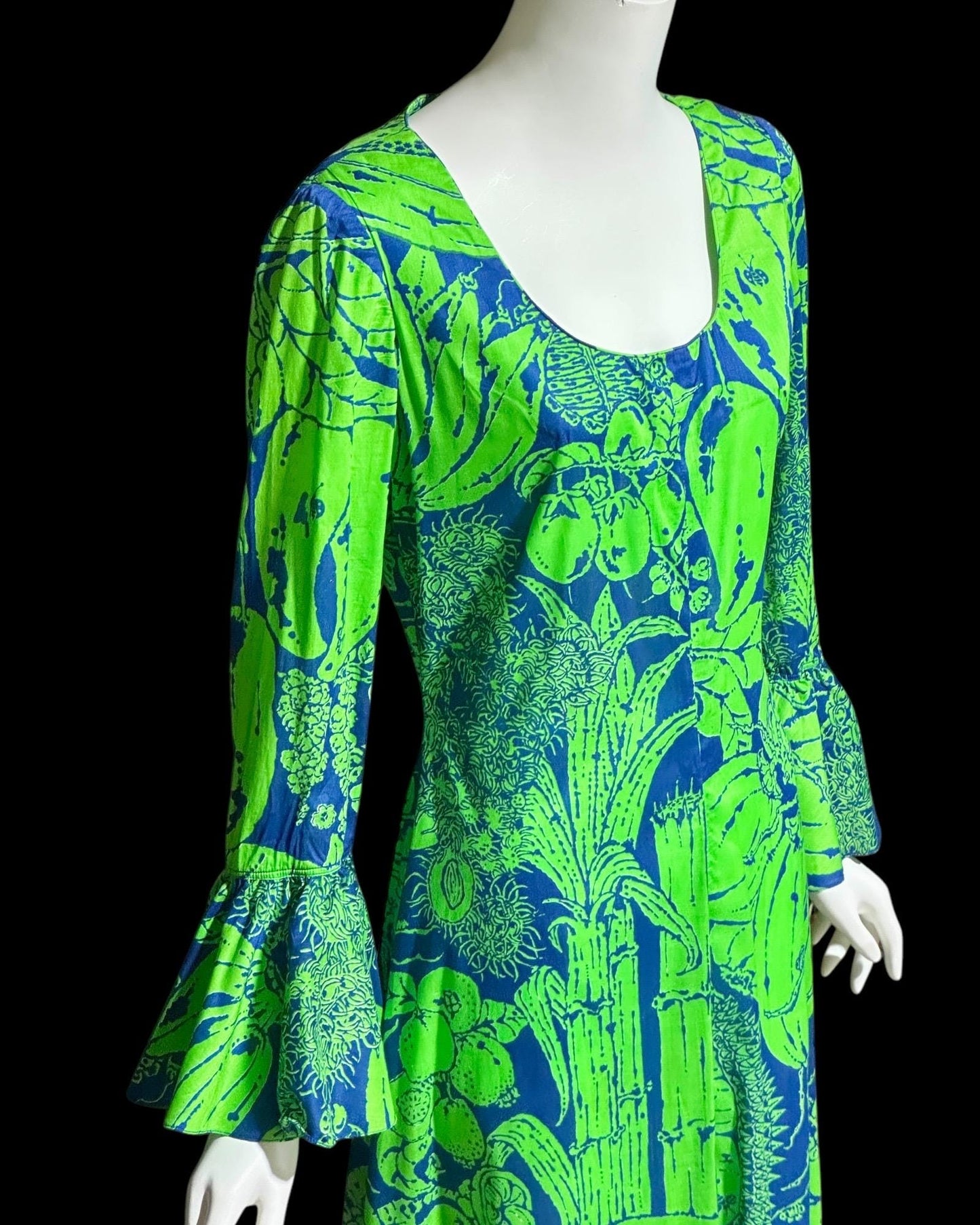 DESIGN THAI BANGKOK, vintage 1960s maxi party dress, Kelly Green and blue floral cotton dress