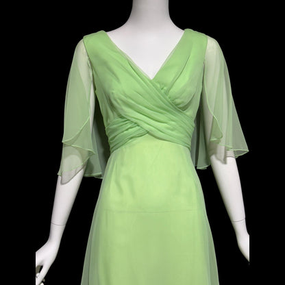 MISS ELLIETTE, vintage 1970s evening dress gown, minty pistachio green poly chiffon dress