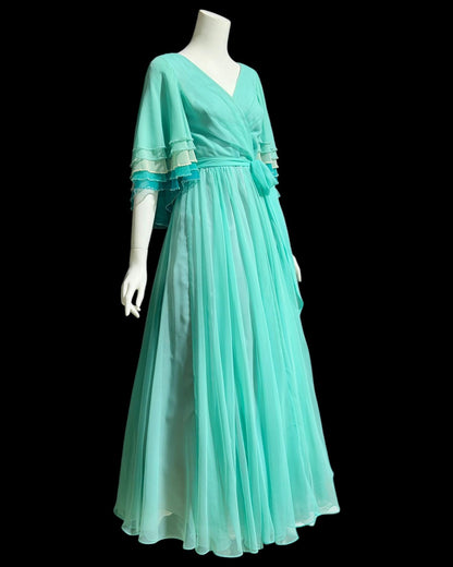 JACK BRYAN, vintage 1970s teal green chiffon evening dress with beaded flutter sleeves