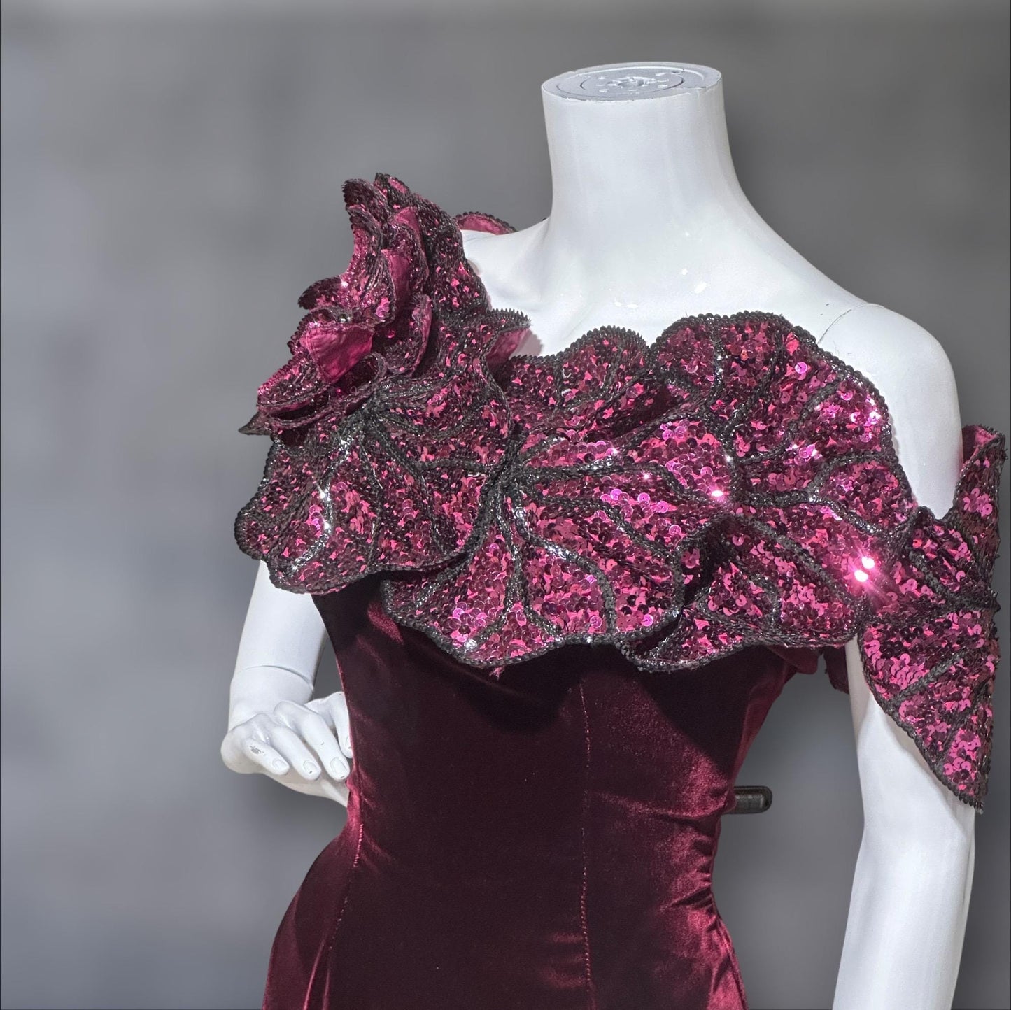 EUGENE ALEXANDER 1980s vintage evening gown, burgundy velvet sheath dress, HUGE Sequin Flowers